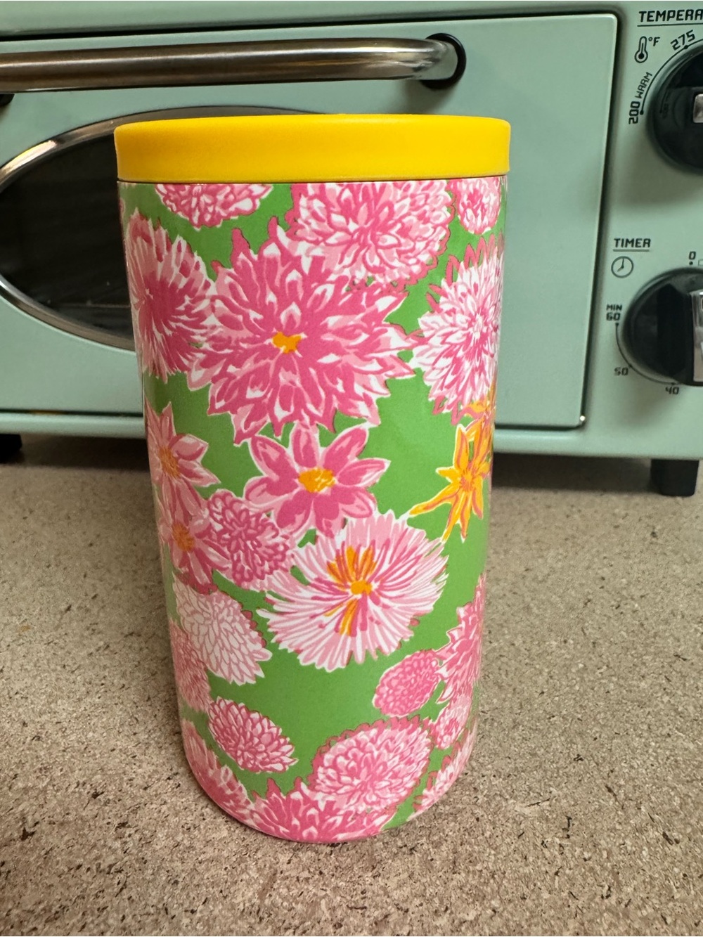 Lilly Pulitzer Green Pink Floral Insulated Tumbler with Yellow Lid